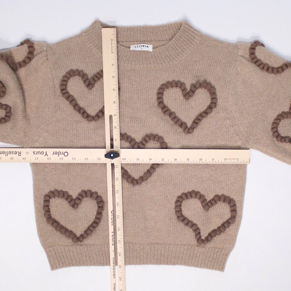 Storia Anthropologie Beige Wool Blend Short Sleeve Sweater Hearts Women Size M - Picture 9 of 10